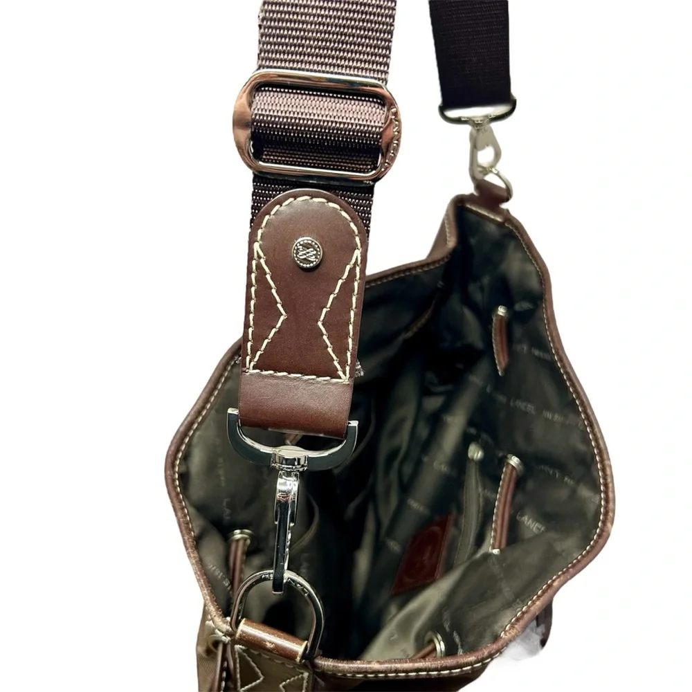 LANCEL PARIS 1876 handbag, nylon leather trim brown with shoulder strap - Picture 10 of 17